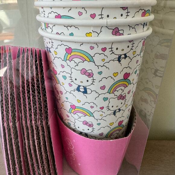 Hello Kitty Sanrio Hot Cups Set of 10 Cups with Lids and Sleeves Rainbow Clouds - Picture 3 of 9